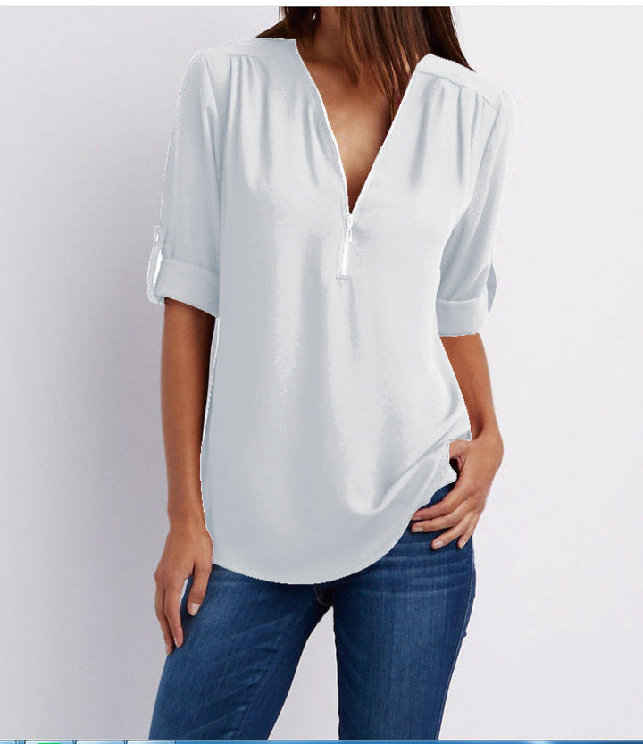 BLOUSE À COL EN V ZIP POUR FEMMES