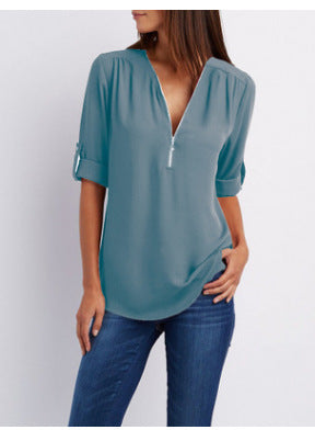 BLOUSE À COL EN V ZIP POUR FEMMES