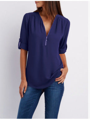 BLOUSE À COL EN V ZIP POUR FEMMES