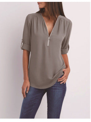 BLOUSE À COL EN V ZIP POUR FEMMES