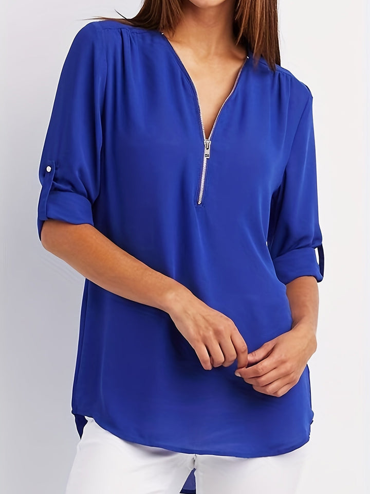 BLOUSE À COL EN V ZIP POUR FEMMES