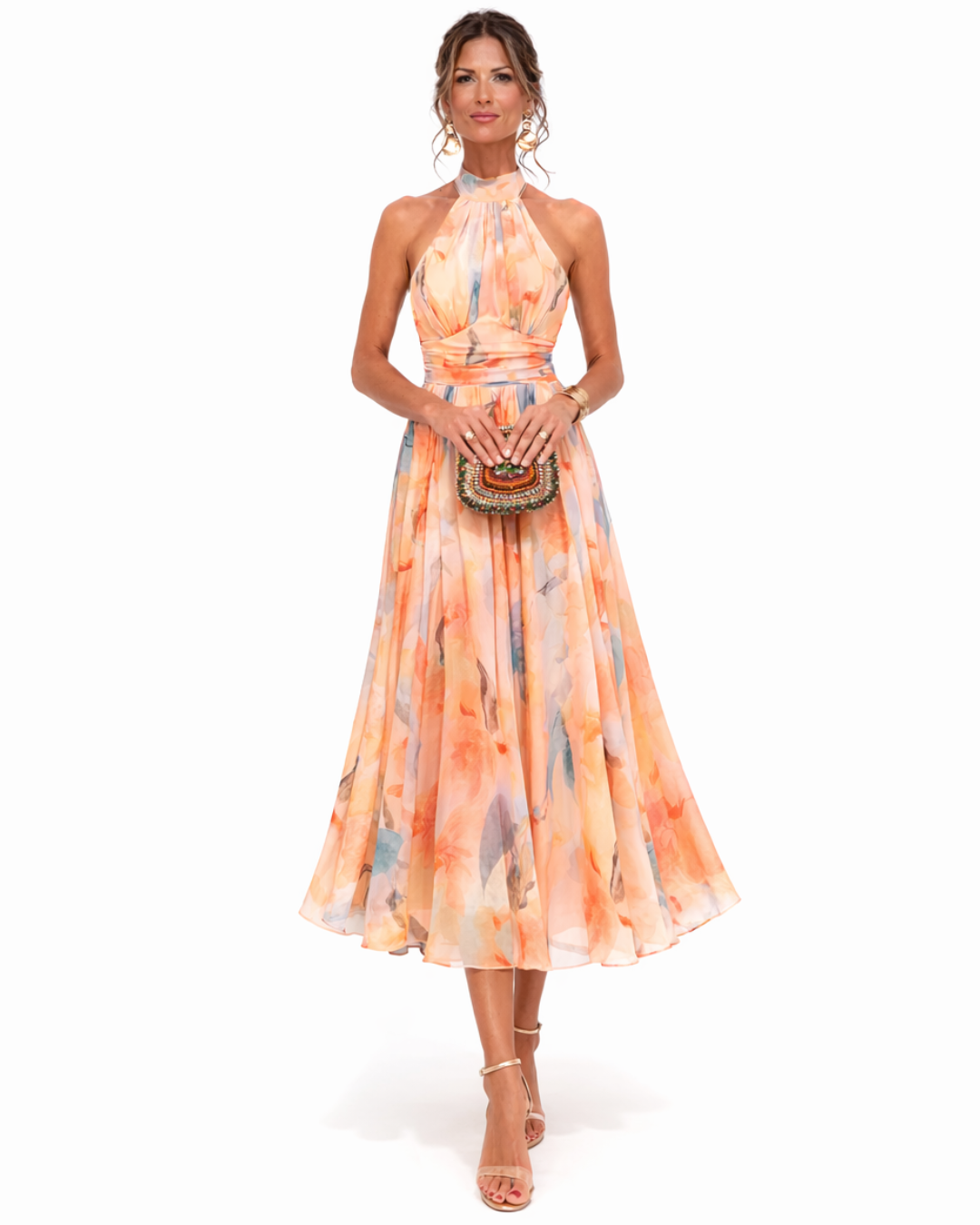 ROBE EN MOUSSELINE PÊCHE FLORAISON POUR FEMME