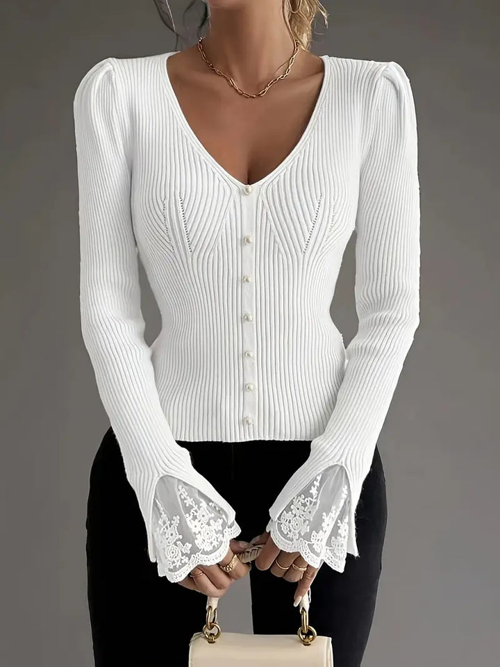 PULL À COL EN V ET CÔTES POUR FEMMES