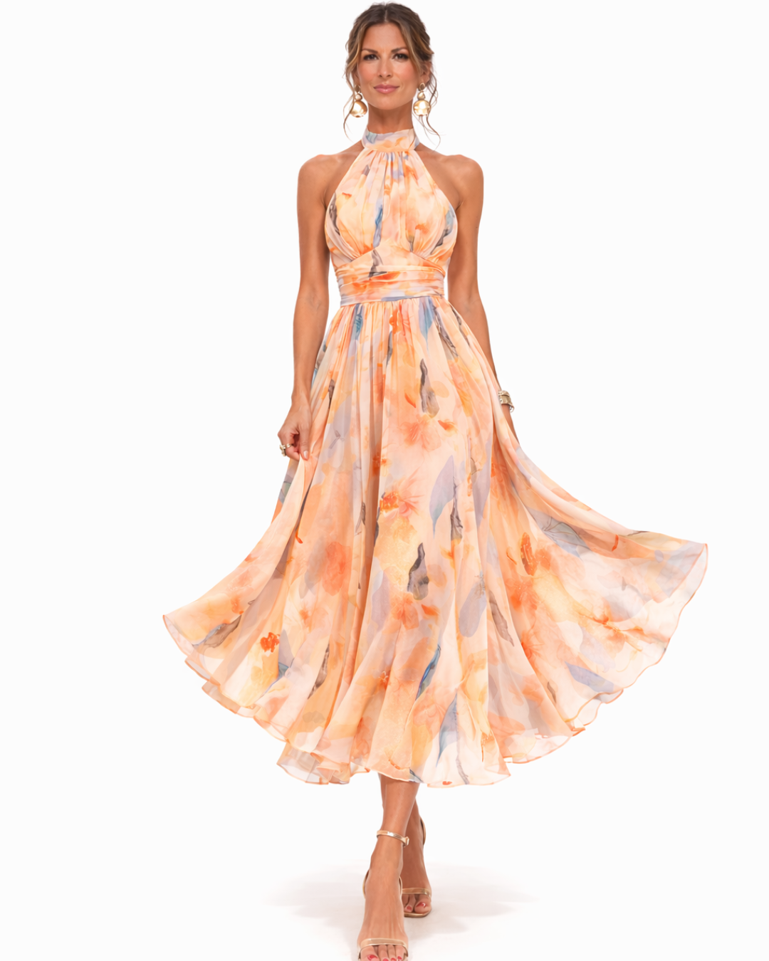 ROBE EN MOUSSELINE PÊCHE FLORAISON POUR FEMME