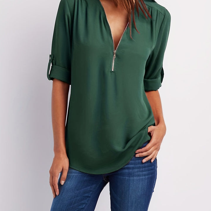 BLOUSE À COL EN V ZIP POUR FEMMES