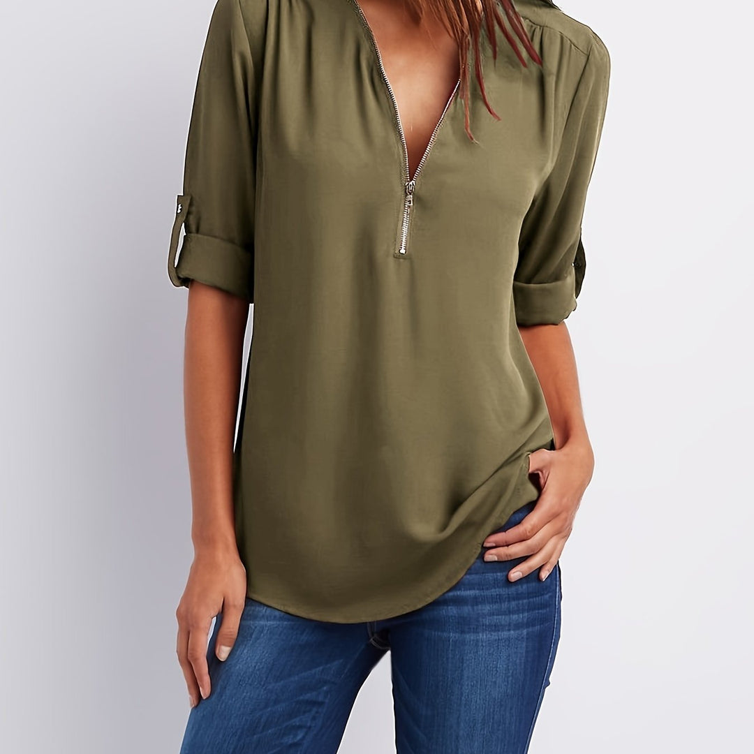 BLOUSE À COL EN V ZIP POUR FEMMES