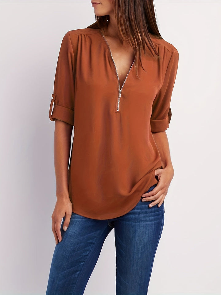 BLOUSE À COL EN V ZIP POUR FEMMES
