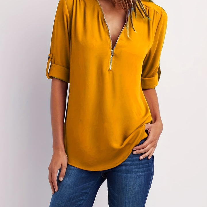 BLOUSE À COL EN V ZIP POUR FEMMES