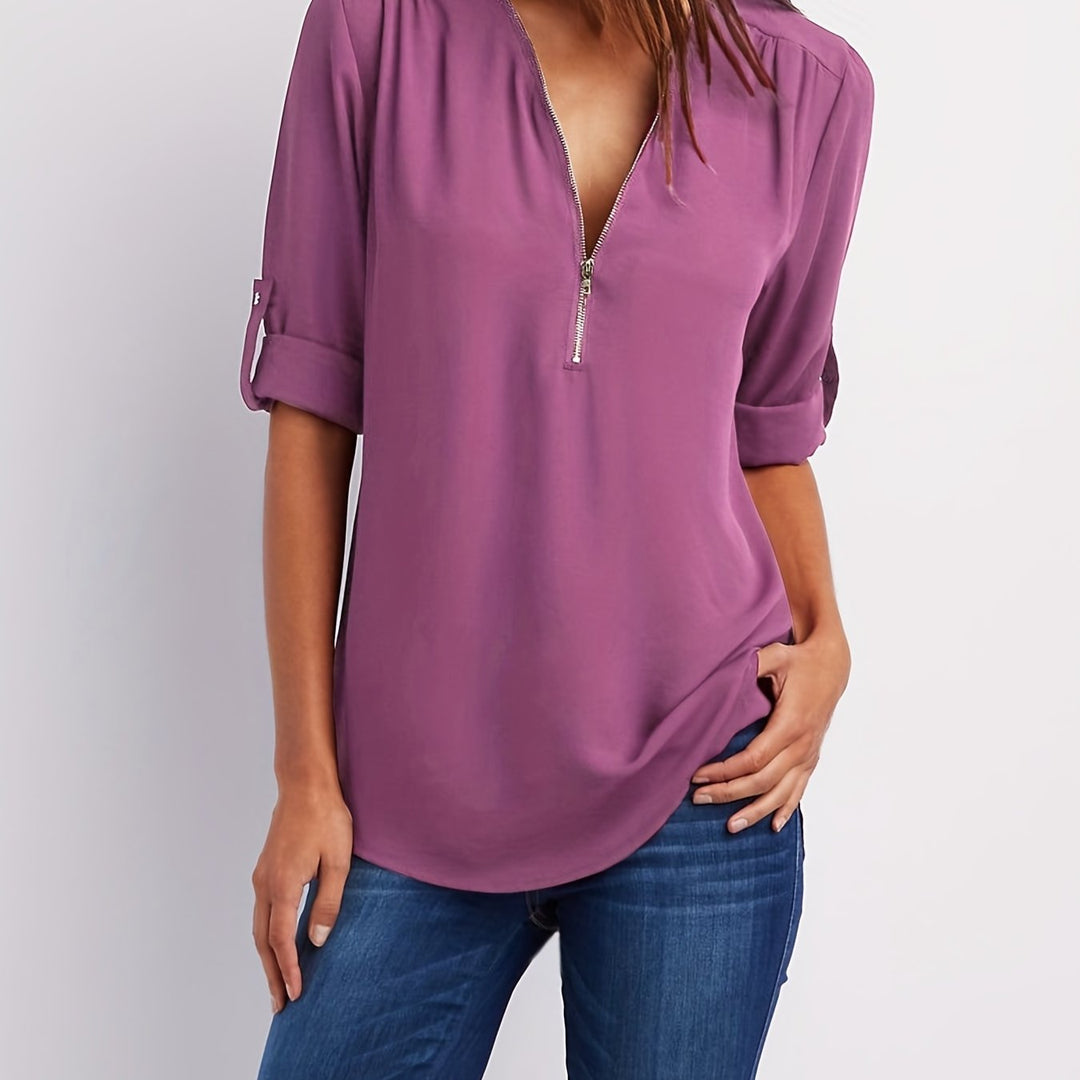 BLOUSE À COL EN V ZIP POUR FEMMES