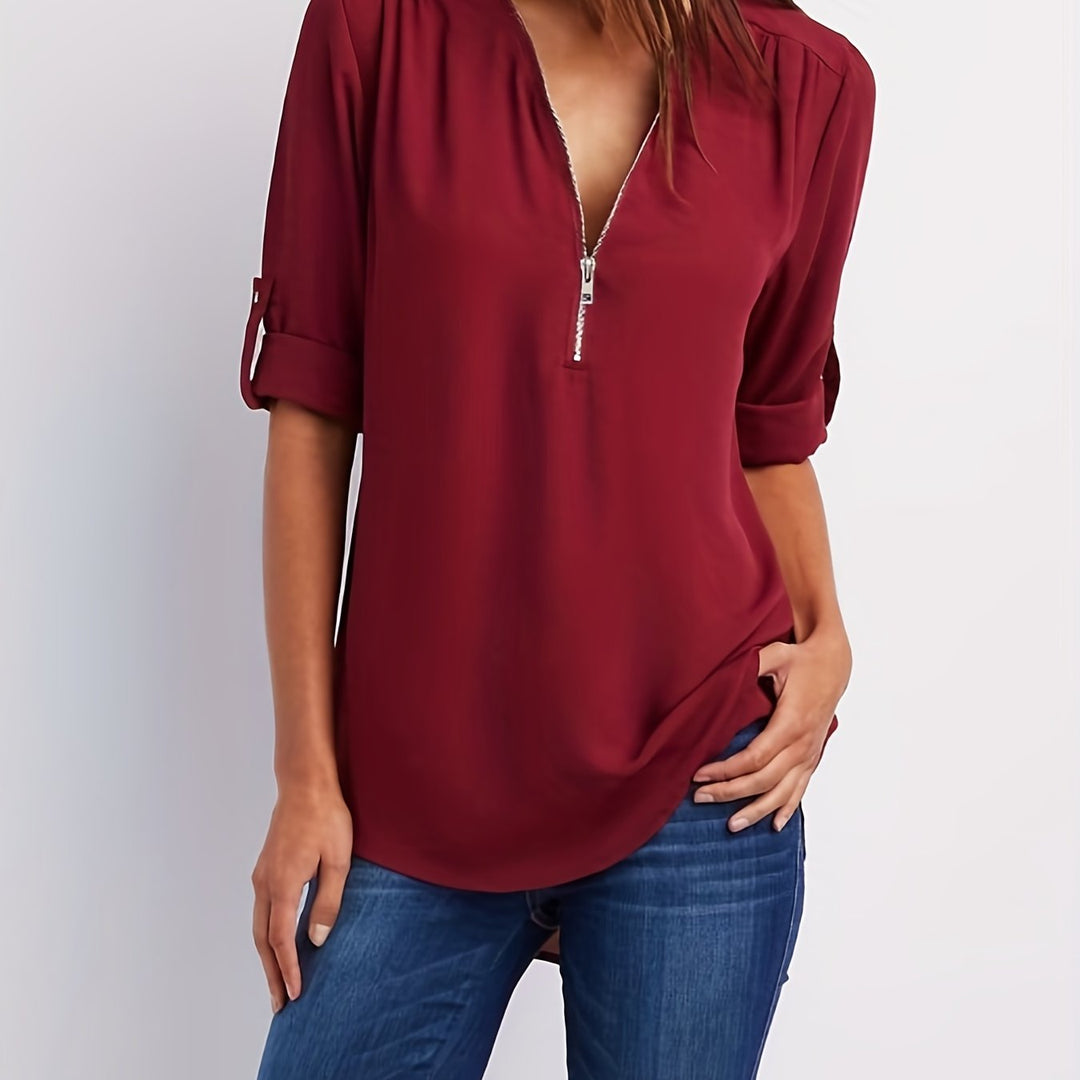 BLOUSE À COL EN V ZIP POUR FEMMES