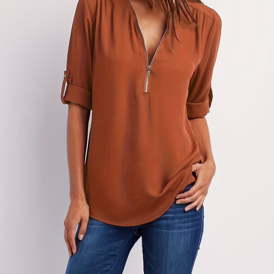 BLOUSE À COL EN V ZIP POUR FEMMES
