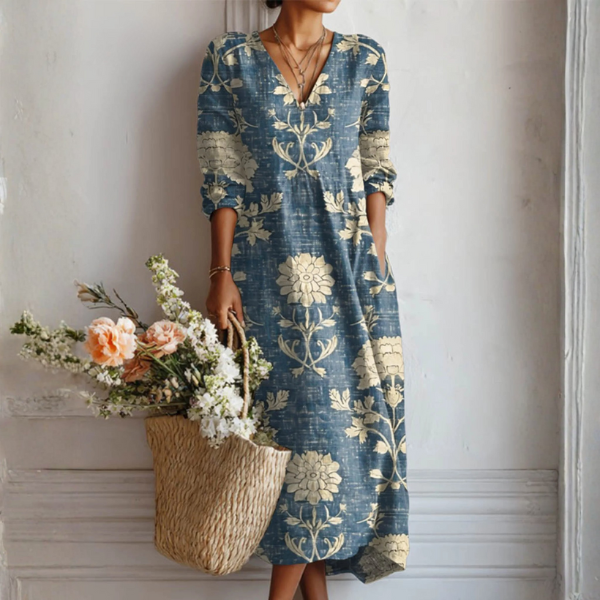 ROBE MIDI EN LIN FLORAL ANCIEN POUR FEMMES