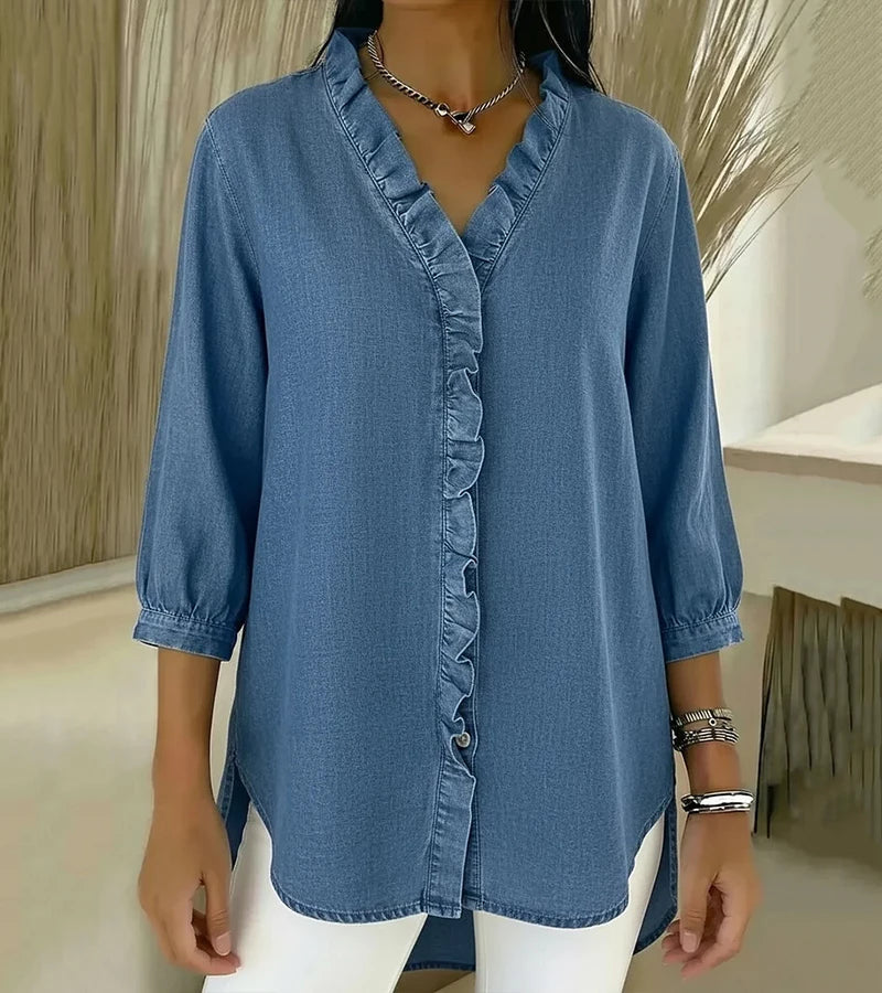 BLOUSE EN DENIM COL V POUR FEMME
