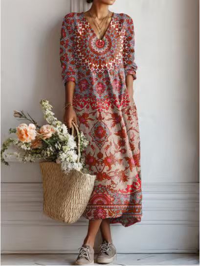 ROBE MIDI EN LIN FLORAL ANCIEN POUR FEMMES