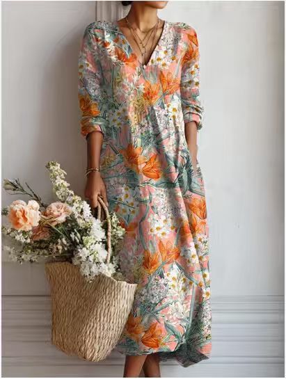 ROBE MIDI EN LIN FLORAL ANCIEN POUR FEMMES