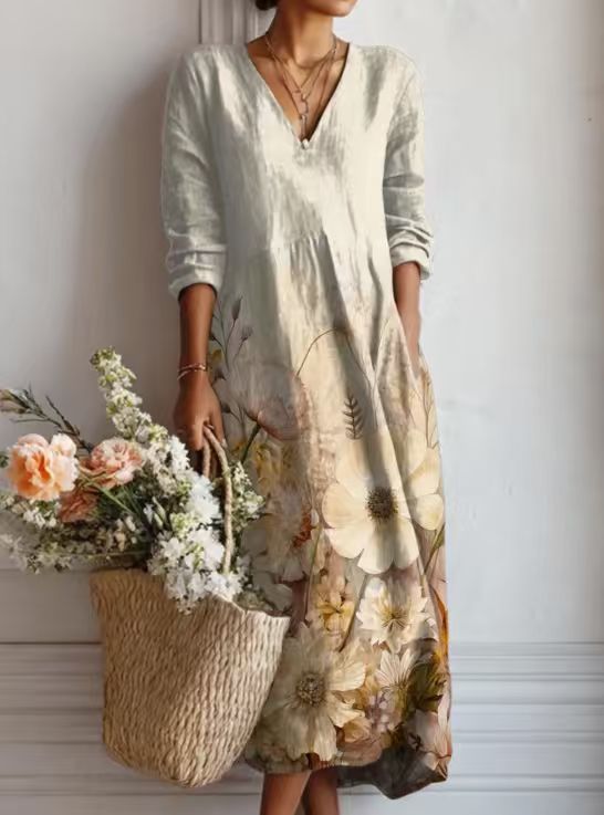 ROBE MIDI EN LIN FLORAL ANCIEN POUR FEMMES