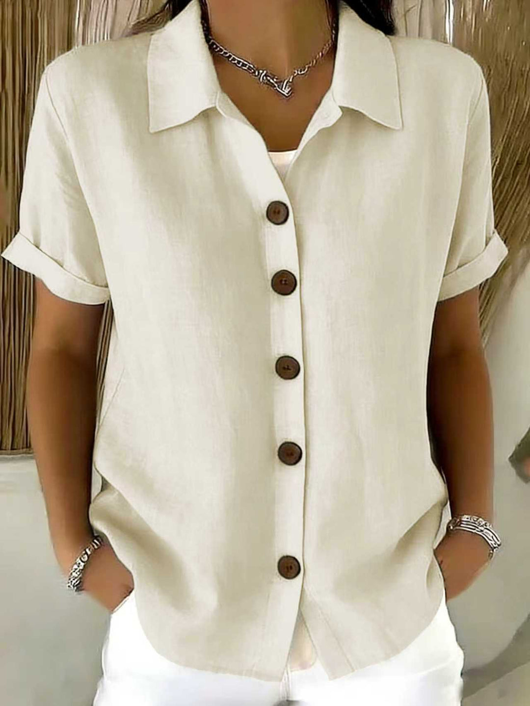 CHEMISE À MANCHES COURTES AVEC COL POUR FEMMES