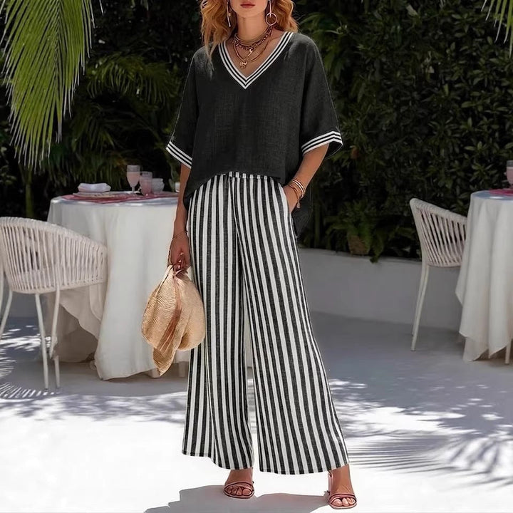 ENSEMBLE DE DEUX PIÈCES AVEC HAUT À COL EN V ET PANTALON LARGE POUR FEMMES