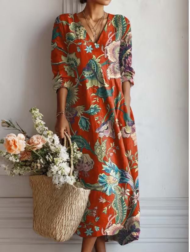 ROBE MIDI EN LIN FLORAL ANCIEN POUR FEMMES