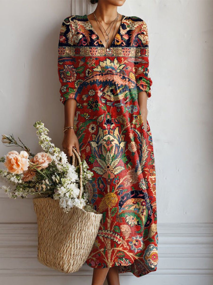 ROBE MIDI EN LIN FLORAL ANCIEN POUR FEMMES