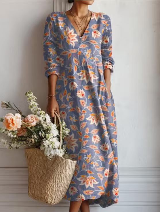 ROBE MIDI EN LIN FLORAL ANCIEN POUR FEMMES