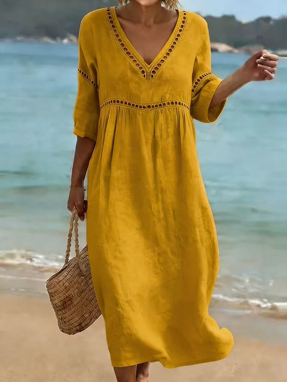 CHIC ROBE MIDI À COL EN V POUR FEMMES