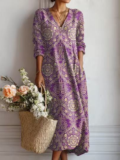 ROBE MIDI EN LIN FLORAL ANCIEN POUR FEMMES