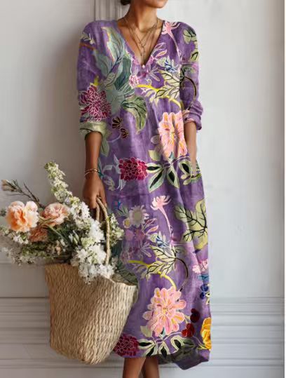 ROBE MIDI EN LIN FLORAL ANCIEN POUR FEMMES