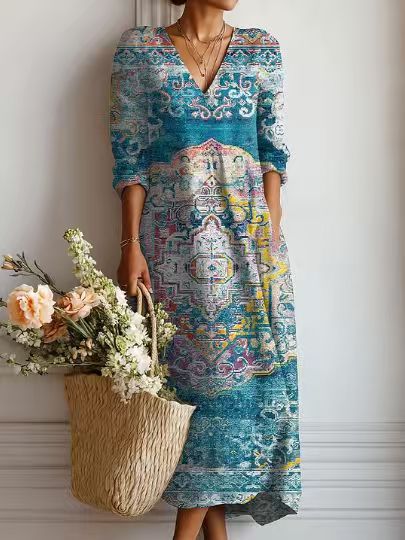 ROBE MIDI EN LIN FLORAL ANCIEN POUR FEMMES