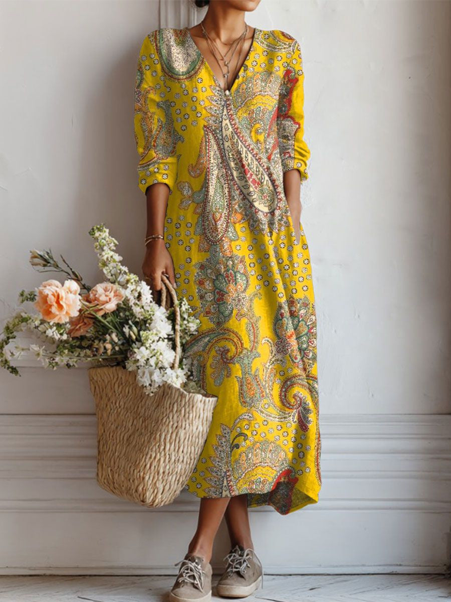ROBE MIDI EN LIN FLORAL ANCIEN POUR FEMMES