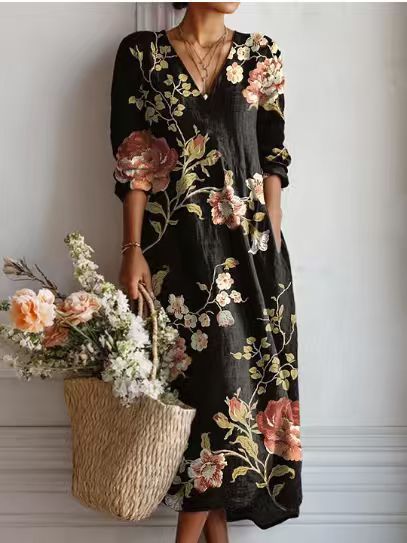 ROBE MIDI EN LIN FLORAL ANCIEN POUR FEMMES