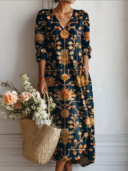 ROBE MIDI EN LIN FLORAL ANCIEN POUR FEMMES
