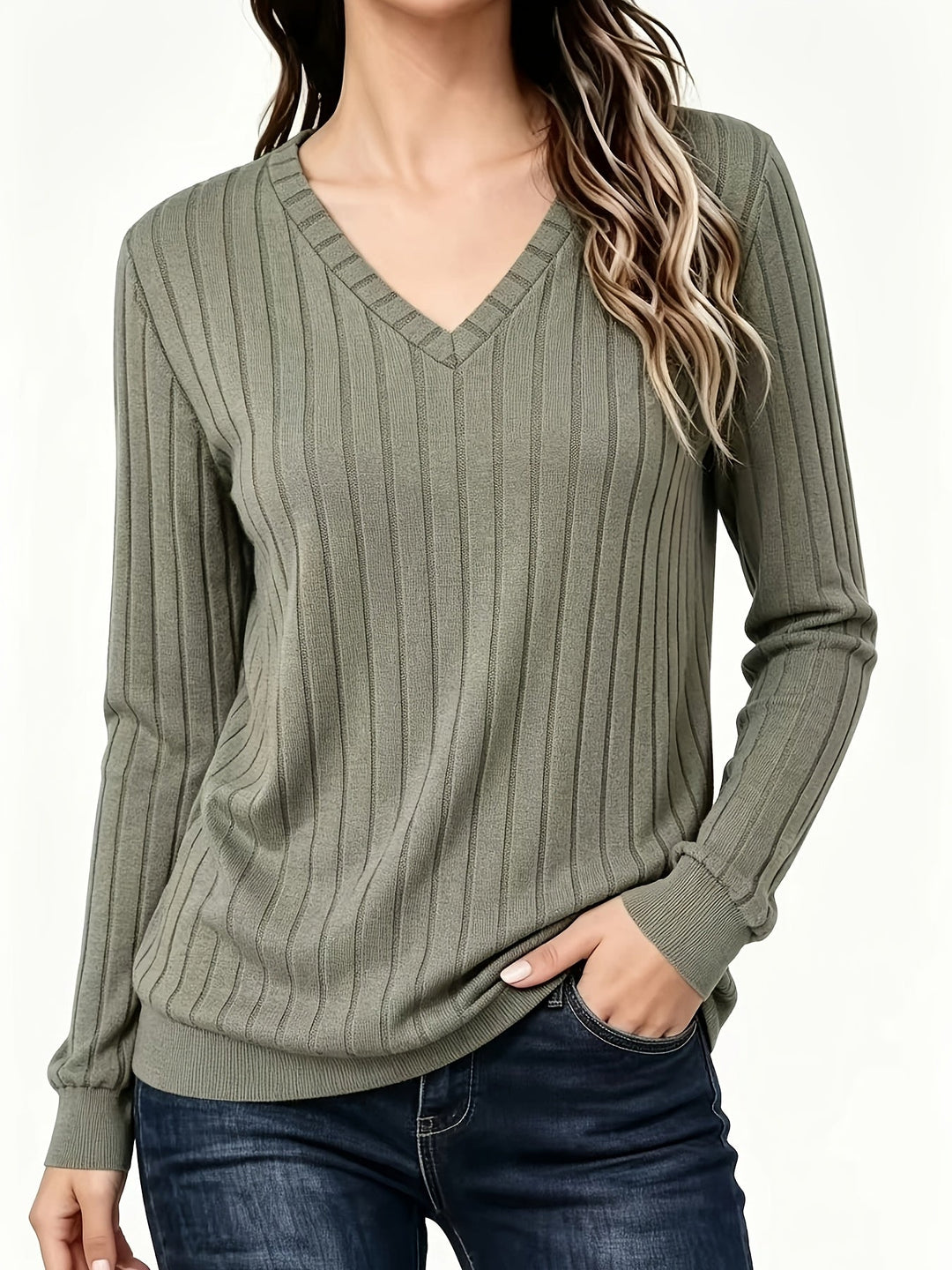 PULL CÔTELÉ COL V POUR FEMMES