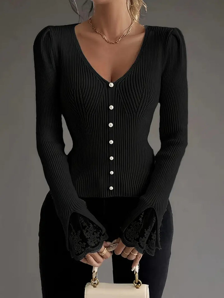 PULL À COL EN V ET CÔTES POUR FEMMES