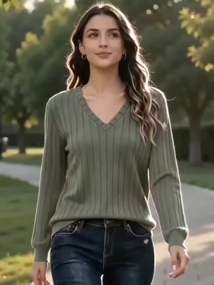 PULL CÔTELÉ COL V POUR FEMMES