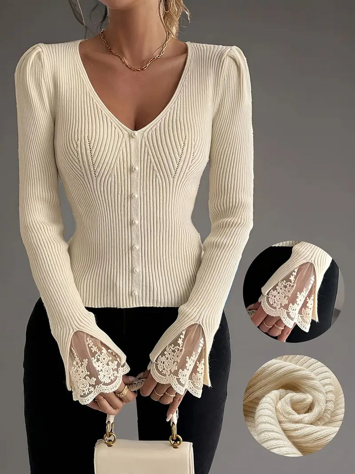 PULL À COL EN V ET CÔTES POUR FEMMES