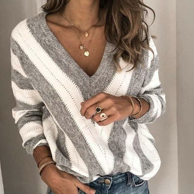 PULL RAYÉ COL V POUR FEMMES