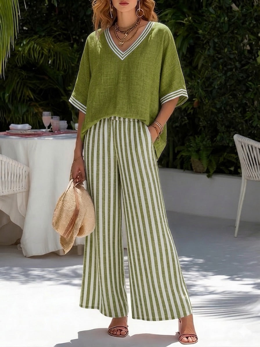 ENSEMBLE DE DEUX PIÈCES AVEC HAUT À COL EN V ET PANTALON LARGE POUR FEMMES