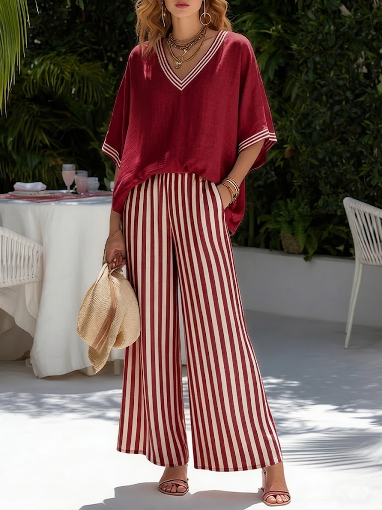 ENSEMBLE DE DEUX PIÈCES AVEC HAUT À COL EN V ET PANTALON LARGE POUR FEMMES