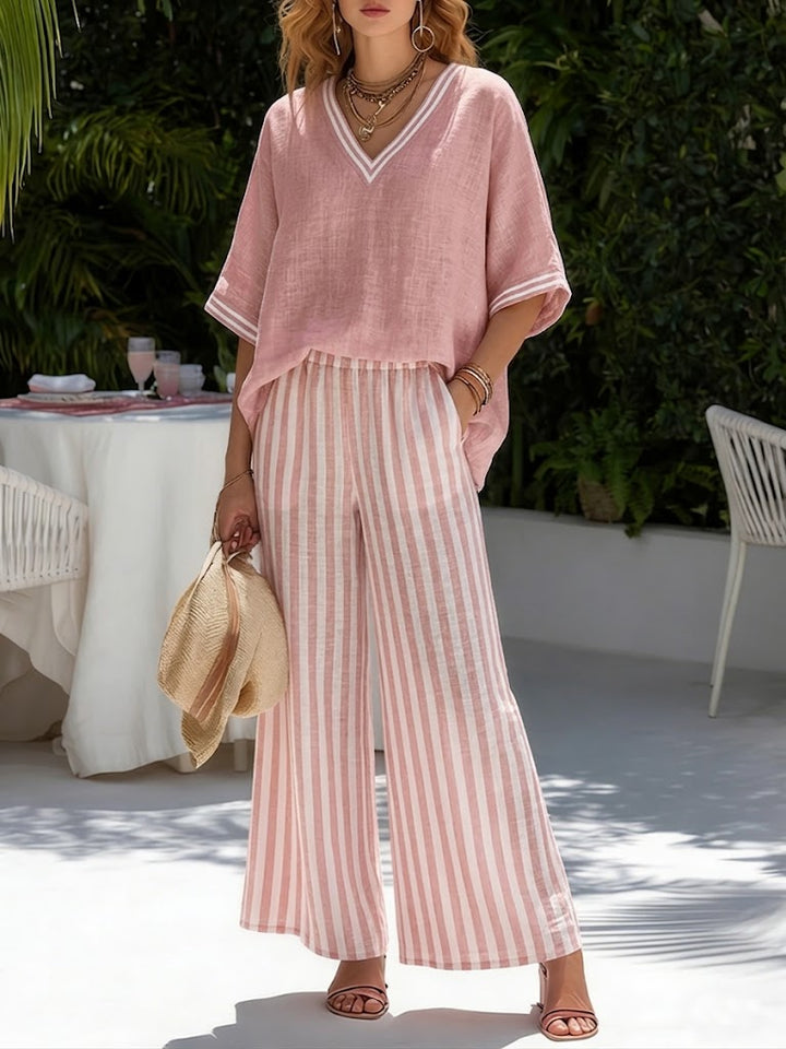 ENSEMBLE DE DEUX PIÈCES AVEC HAUT À COL EN V ET PANTALON LARGE POUR FEMMES