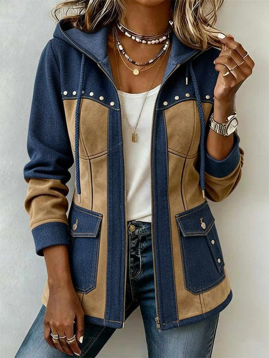 VESTE À CAPUCHE STYLE PATCHWORK POUR FEMMES