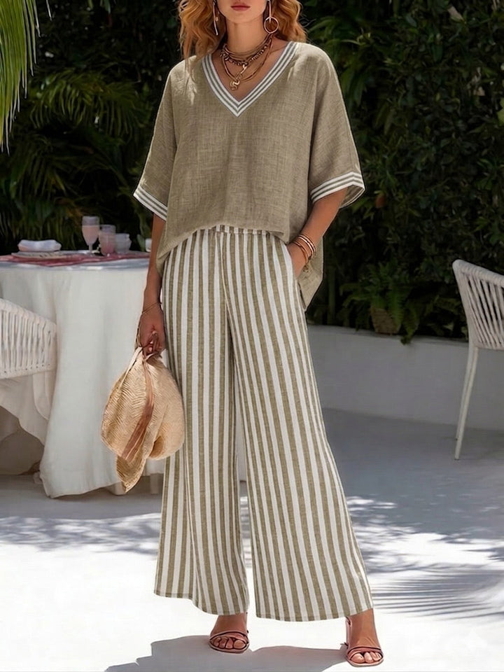 ENSEMBLE DE DEUX PIÈCES AVEC HAUT À COL EN V ET PANTALON LARGE POUR FEMMES